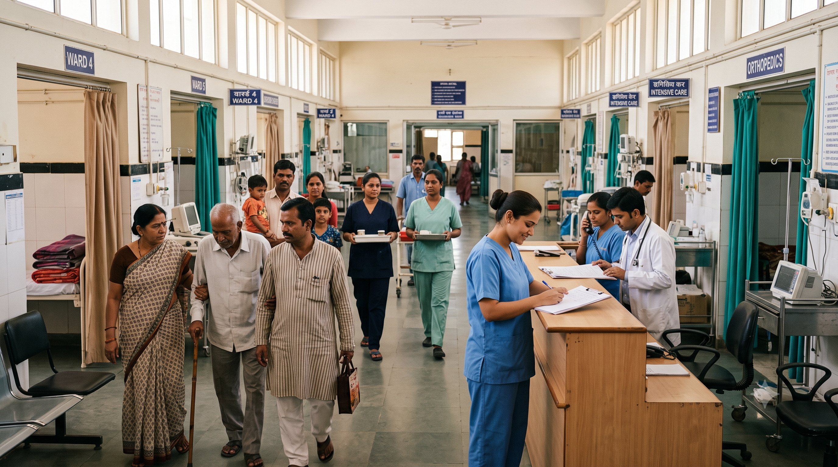 Hospital corridor with caregivers and staff